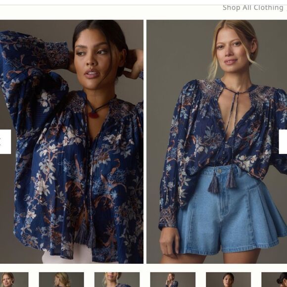 By Anthropologie Long-Sleeve Smocked Lurex Top Size S Blue Floral Print boho - Picture 4 of 13